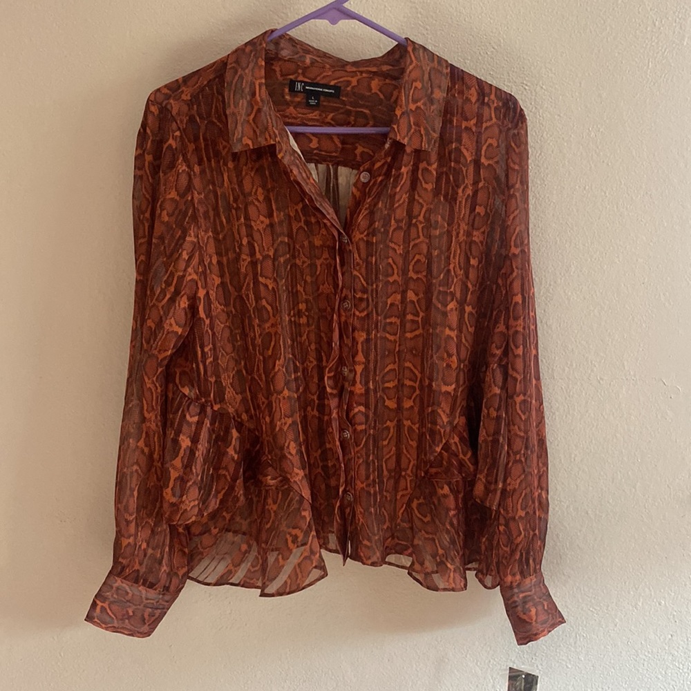 Inc International Concepts Leopard button up sheer ruffled shirt , Size large